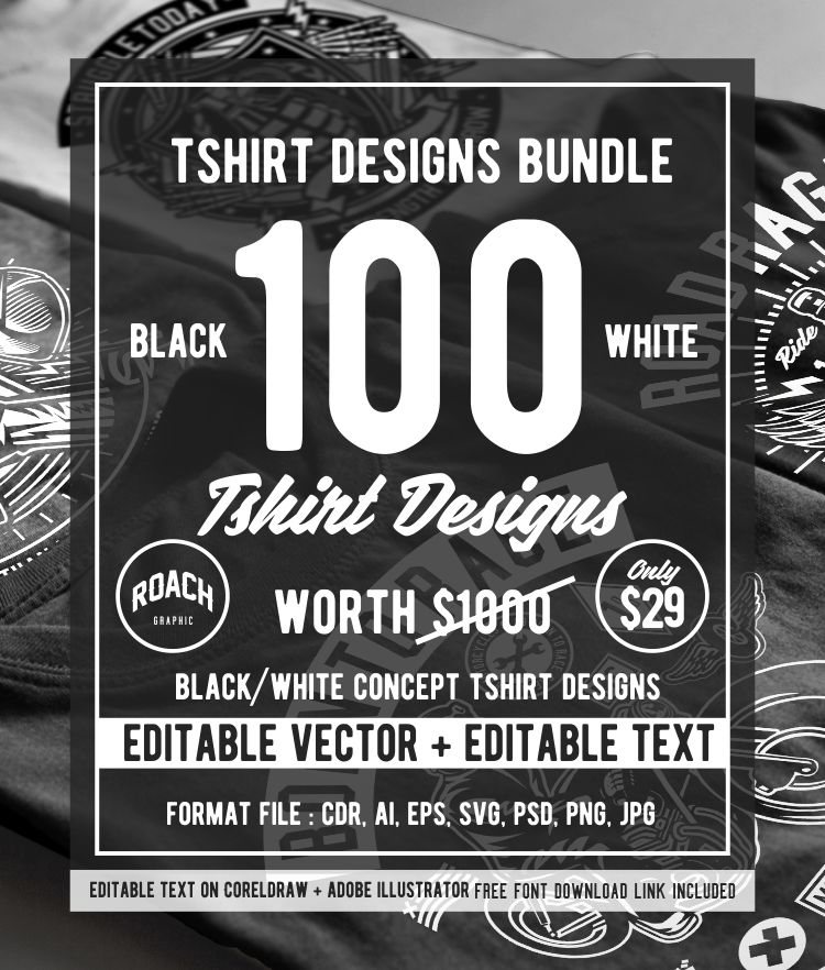 Black and White 100 Tshirt Designs Bundle Cover
